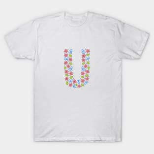 Floral Monogram Letter U - pink and blue T-Shirt